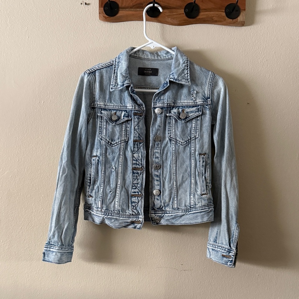 J. Crew Indigo Distressed Denim Jacket 100% Cotton Trucker Jean Jacket size XS